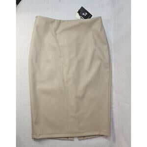 SINCERELY JULES Faux Leather Pencil Skirt Zip Below Knee Beige Sz Large Slit
